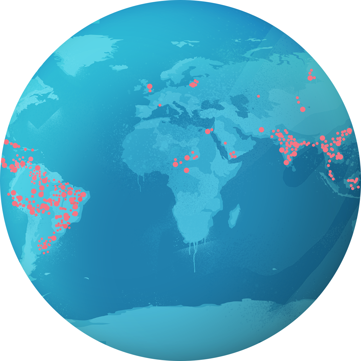 Earth globe with greatest dengue spots.