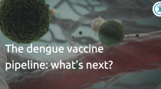 Image of the dengue virus with text reading, 'Dengue vaccine pipeline: what’s next?'