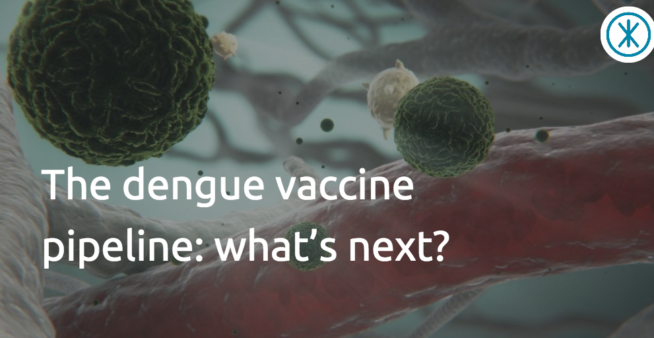 Image of the dengue virus with text reading, 'Dengue vaccine pipeline: what’s next?'