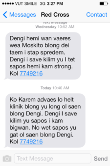 Image os a Red Cross SMS dengue alert in vanuatu. Example of the Red Cross sms dengue alert in vanuatu.
