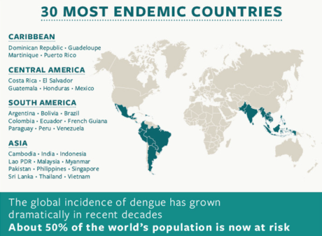 Map showing the most endemic countries for dengue.