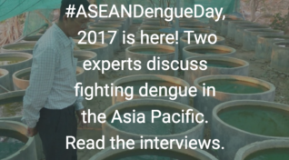 ASEAN Dengue Day 2017: Text over an image showing a man overseeing vats of guppies used to control mosquitoes.