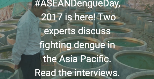 ASEAN Dengue Day 2017: Text over an image showing a man overseeing vats of guppies used to control mosquitoes.