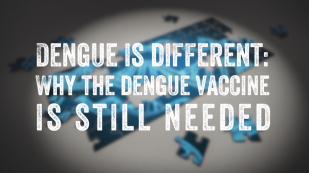 Text over a blurred image about the dengue vaccine and why it is still needed.