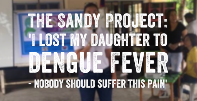 Image woman from the Sandy Project speaking about dengue prevention with text overlaying that reads, 'The Sandy Project: 'I lost my daughter to dengue ' .