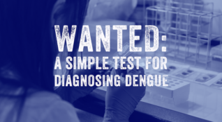Image of a worker in a lab with text reading, 'WanteD: a simple test for diagnosing dengue'