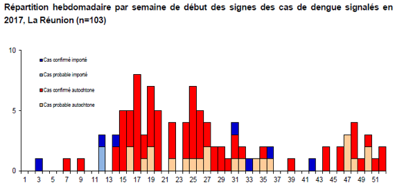 Chart showing the epidemic of dengue in Reunion Island by the type of infection.