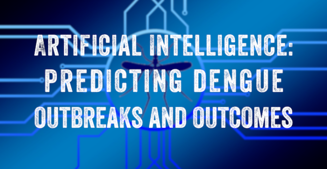 Image of a mosquito over a SIM card with text reading, 'Artificial Intelligence predicting dengue outbreaks and outcomes'.