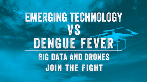 Image of two drones flying against a blue sky showing how (drone) emerging technology combating dengue.