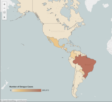 A map of the Americas showing dengue activity in 2018.