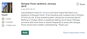 Image of a post from a discussion for asking about dengue risk in Jamaica. 