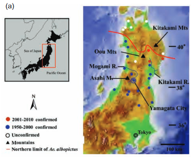 Map showing recent Aedes albopictus mosquito activity in Japan. 
