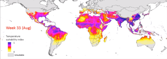 Map showing the Aedes albopictus temperature suitability for the introduction of dengue transmission, a Tokyo Olympics public health risk. 