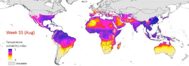 Map showing the Aedes albopictus temperature suitability for the introduction of dengue transmission, a Tokyo Olympics public health risk figure two.